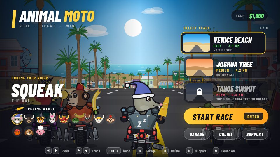 The Animal Moto menu: choose a rider and a track