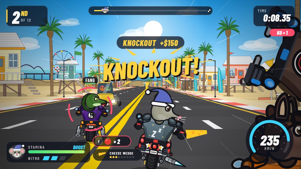 A knockout during a nitro boost on a beach road
