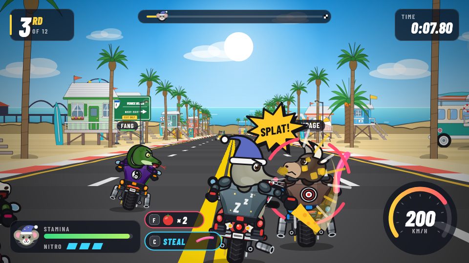 A sleepy rat in a nightcap racing a motorcycle down a beach highway while a bull and a crocodile rider ride beside them